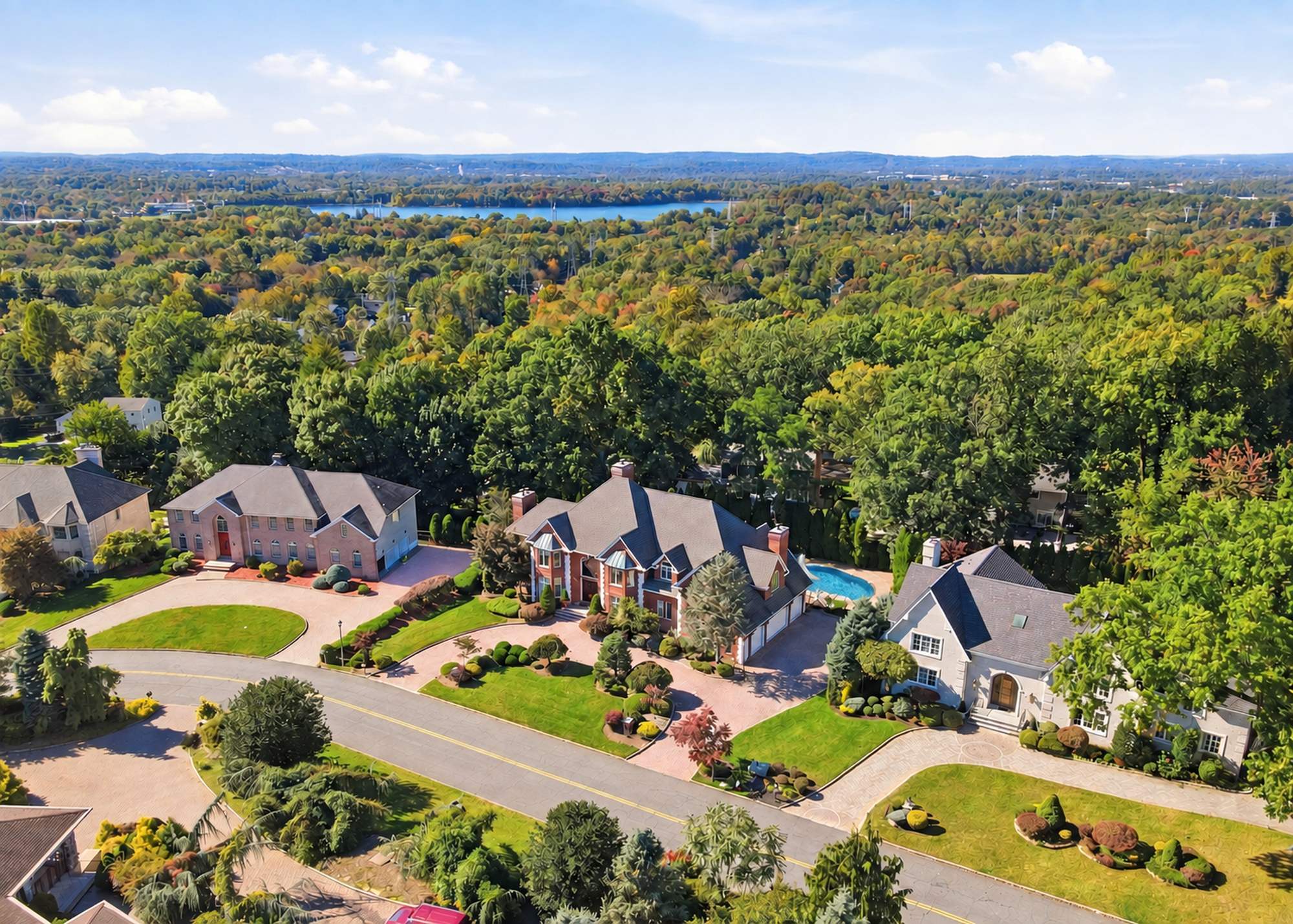 Aerial view of the property and surrounding treetops at 54 Burnet Hill Road, Livingston