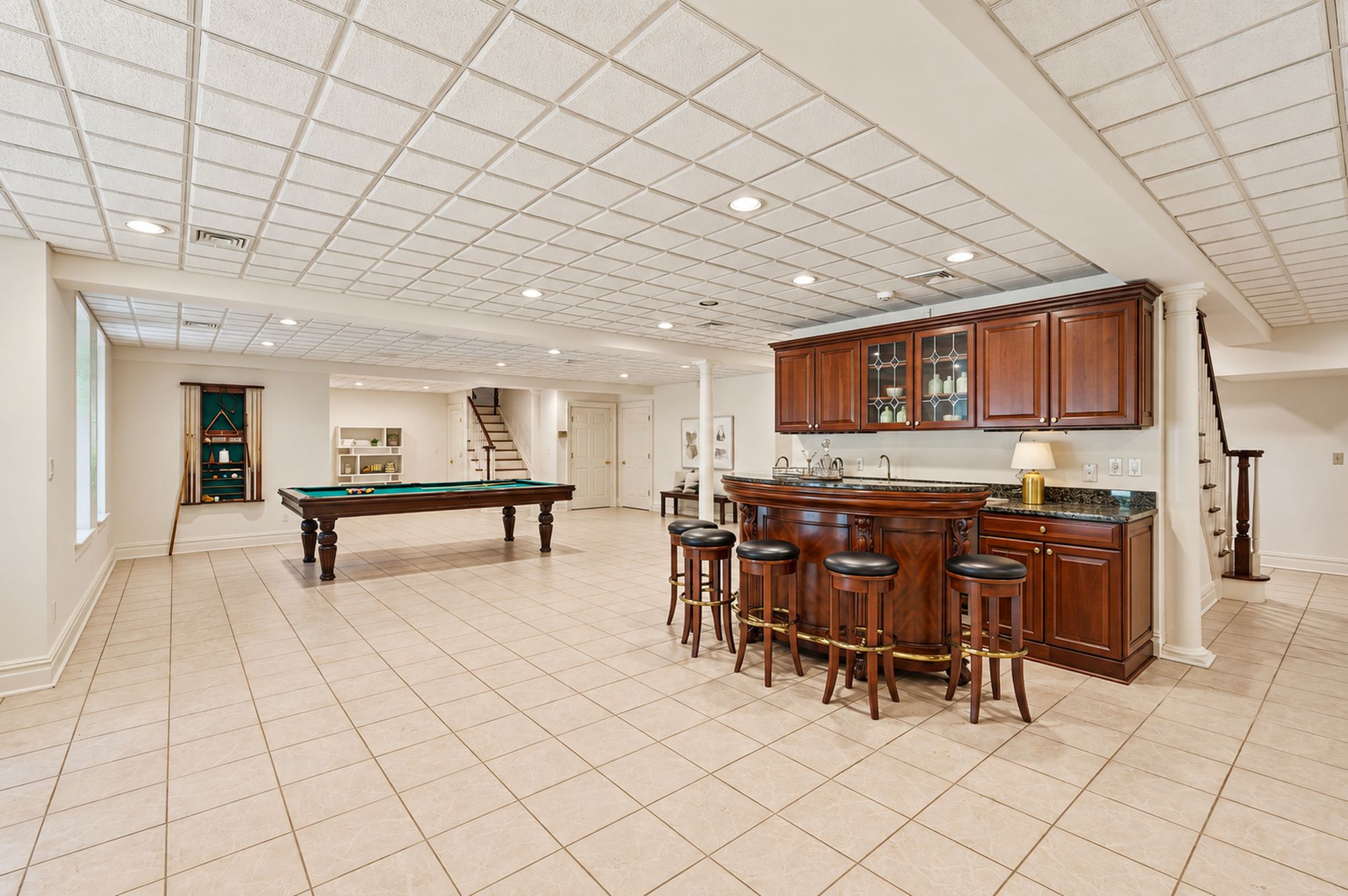 Lower-level recreation room and wet bar at 54 Burnet Hill Road, Livingston