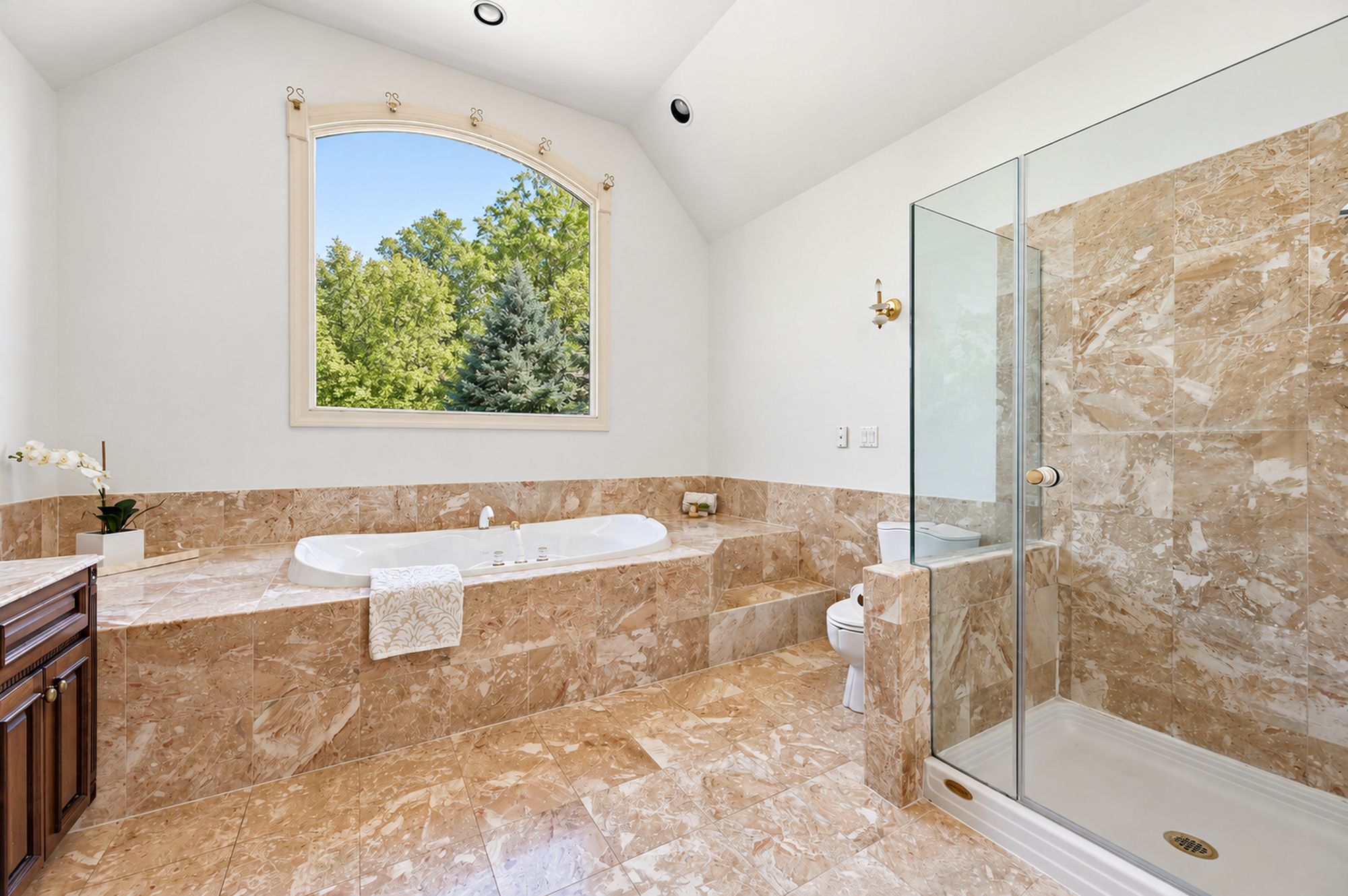 Primary bath with glass shower at 54 Burnet Hill Road, Livingston