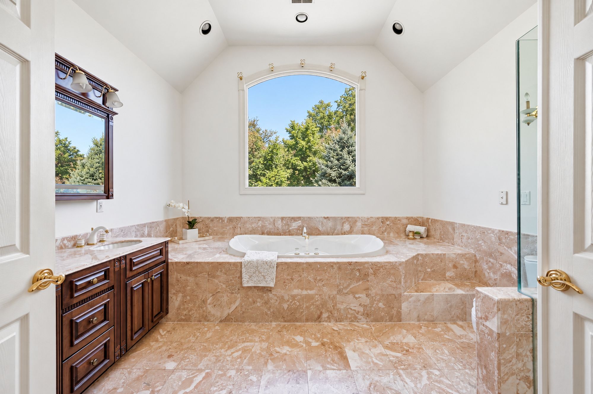 Primary bath with soaking tub at 54 Burnet Hill Road, Livingston